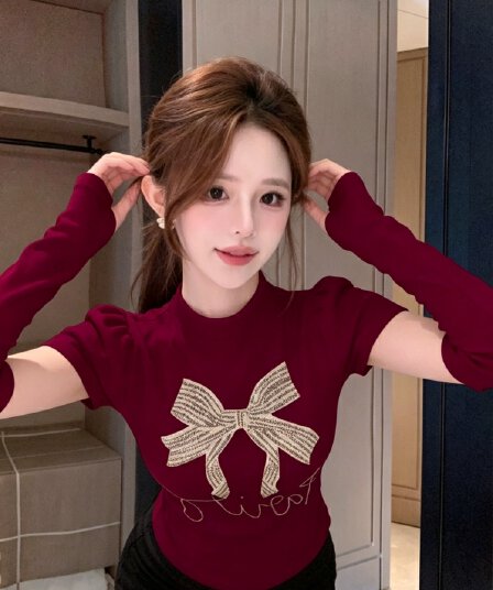 개성 소매 커버 다용도 라운드 넥 몸매 가꾸기 슬림해 보이는 니트 긴 소매 맨위 여성 짧은 밝은 훈련 장식 다용도