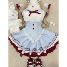 批发甜品系樱桃丸子 蓝色格纹连衣裙送别针蝴蝶结+白色泡泡短裤