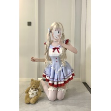 批发实拍实价甜品樱桃丸子 蓝色格纹连衣裙送别针蝴蝶结+白色泡泡短裤