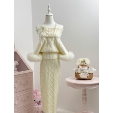 批发SISI JIANG”北海道初雪“时尚气质高领麻花纹休闲套装休闲半裙