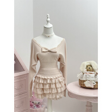 批发CreamySweet 桃系私藏 100羊毛甜美蝴蝶结毛衣收腰粉色针织衫上衣