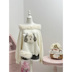 少女椰子日常系帕恰玩偶 冬季一字肩毛衣+灰色丝绒短裤休闲裤