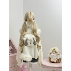 少女椰子日常系帕恰玩偶 冬季一字肩毛衣+灰色丝绒短裤休闲裤