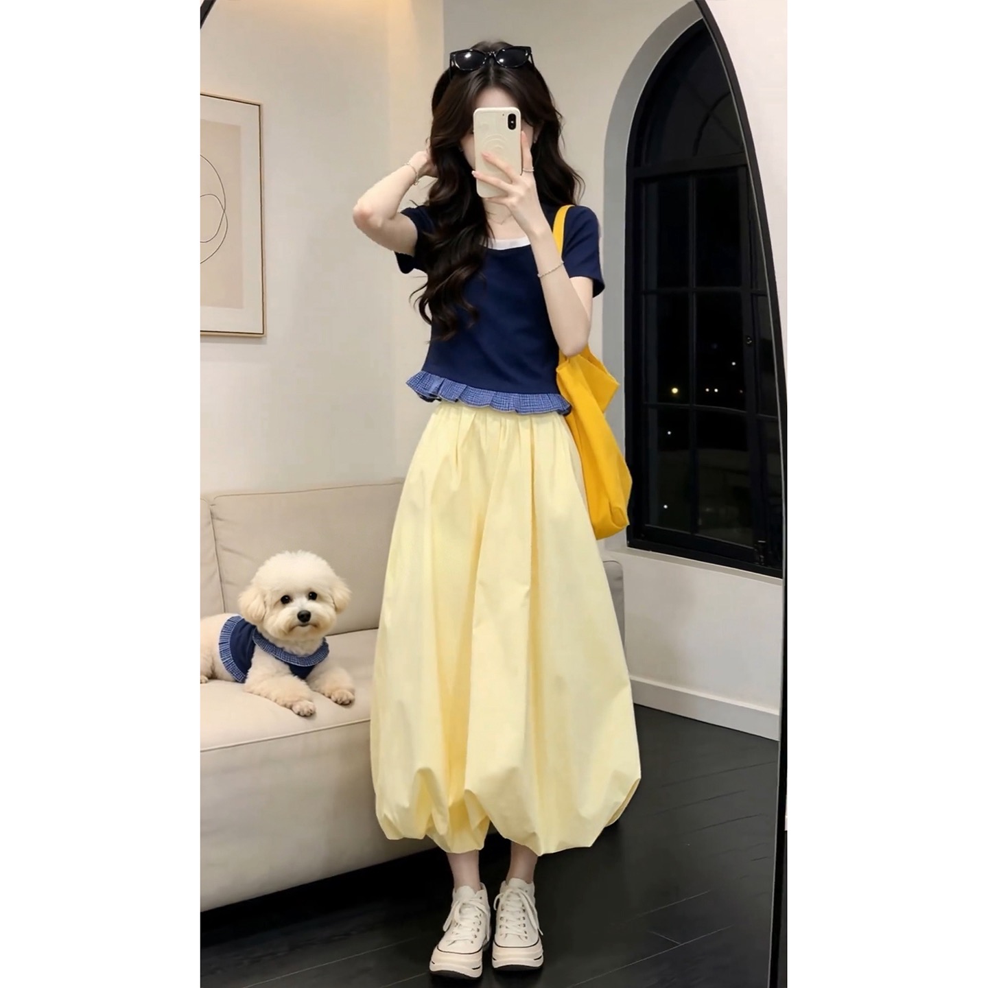 여름 ootd 그레이트 통해보기 가져 가라. 에이즈 환자 세트 여성 한 부서 배색 티셔츠 꽃밭 반신 롱 스커트 투피스 슈트