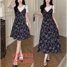 批发微胖大码夏季法式简约碎花<b class='q'>连衣裙</b>假两件拼接遮肉显瘦短袖中长裙女