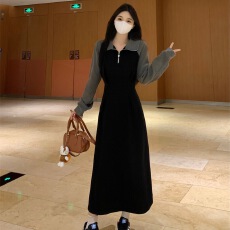 批发大码<b class='q'>胖</b>mm<b class='q'>休闲</b>polo领长袖连衣裙女春秋设计感收腰显瘦过膝卫衣长裙
