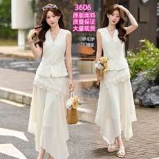 批发轻熟风V领无袖<b class='q'>蕾丝拼接</b>套装女显瘦气质两件套半身裙