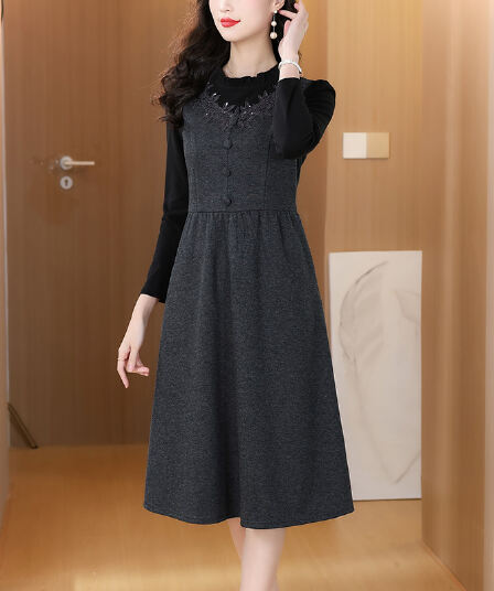 봄 가을 품격 페이크 레이어드 허리 수축 A라인 스커트 레이스 레이스 패키지 버클 프릴 칼라 어머니 드레스 긴팔 중간 길이 스커트