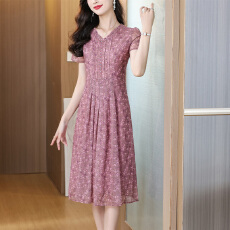 批发网纱连衣裙女V领收腰显瘦中长款遮肚<b class='q'>妈妈装</b>透气温柔风洋气百搭裙