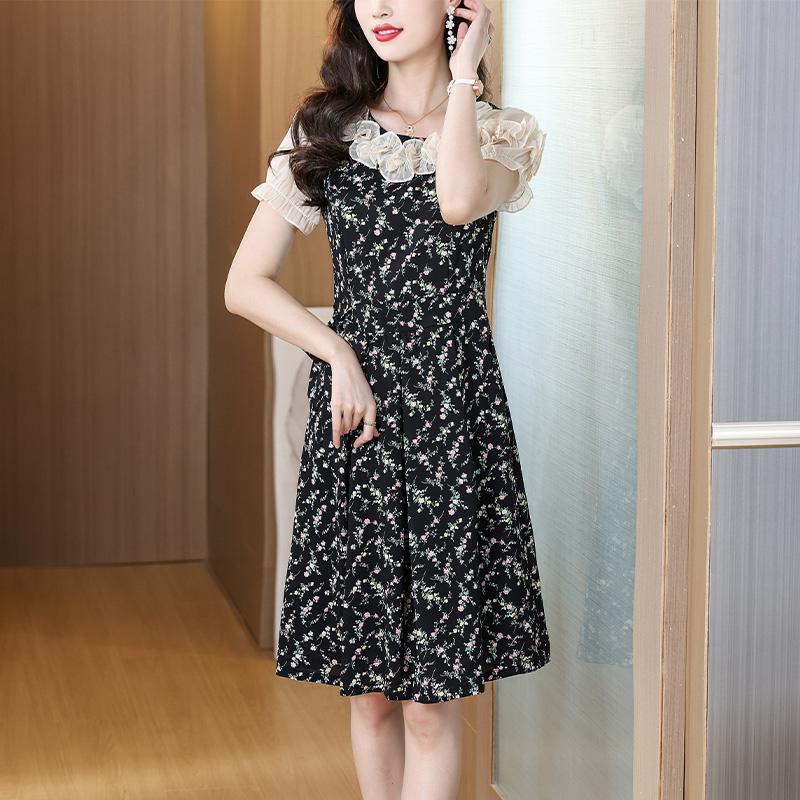 RY1843# 黑色碎花雪纺飘带连衣裙女荷叶边遮肚百搭优雅时尚甜美中年女装裙