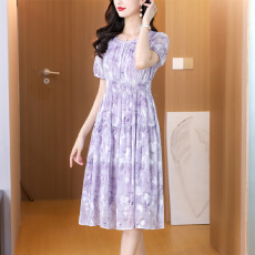 批发紫色短袖<b class='q'>提花</b><b class='q'>连衣裙</b>女夏季新款中年妈妈装收腰显瘦遮肚藏肉中长款
