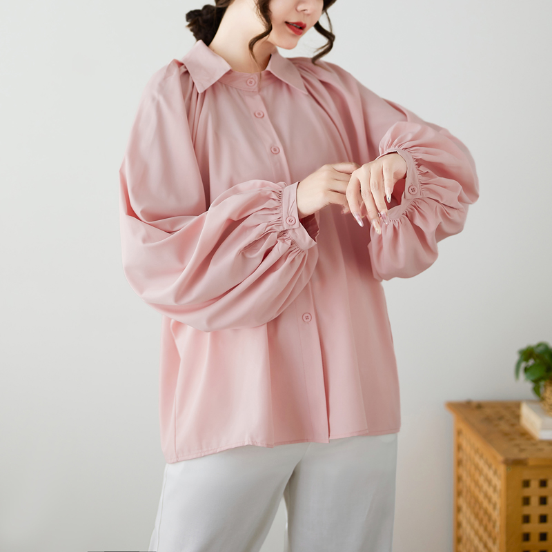 실사 문예 미니멀리즘 절묘한 폴로 칼라 루즈핏 다용도 맨위 배트윙 소매 단색 빅 사이즈 여성 셔츠 트렌디