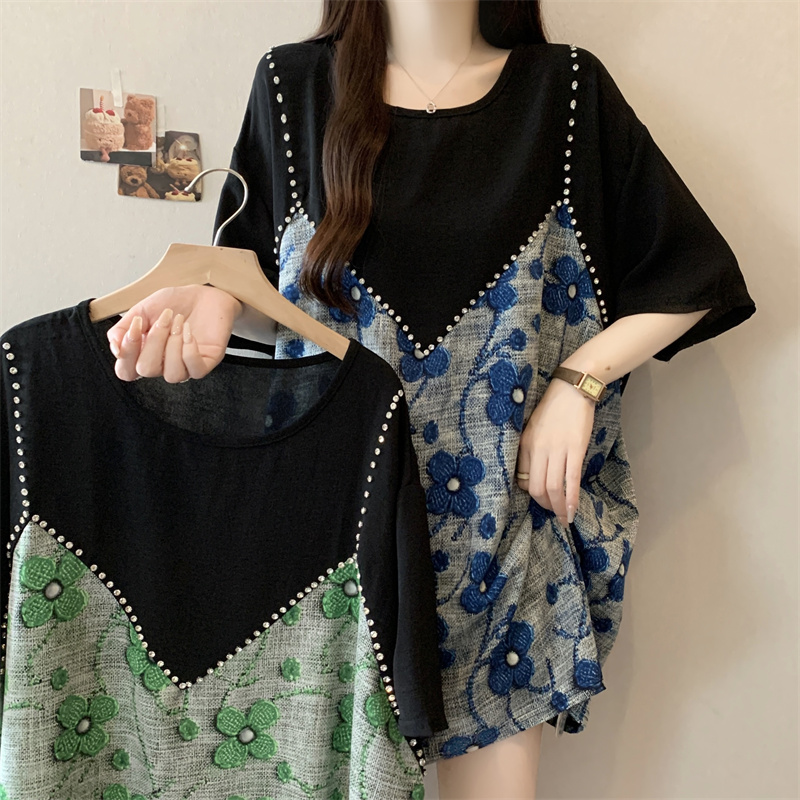 FA33574# 大码女装夏季胖MM设计感小众假两件T恤拼接中长款上衣女 服裝批發女裝批發服飾貨源