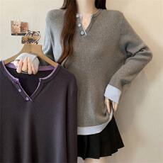 批发实拍秋冬<b class='q'>胖</b><b class='q'>mm</b><b class='q'>高级</b>感撞色设计感V领针织衫上衣秋冬新内外双搭毛衣