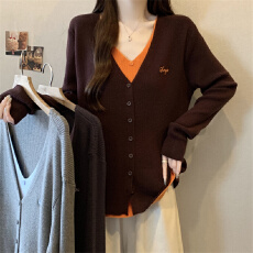 批发实拍撞色V领长袖<b class='q'>针织衫</b>女大码2025秋冬季独特别致<b class='q'>假两件</b>开衫上衣