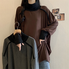 批发实拍2025<b class='q'>秋</b>冬新款欧货加绒高领打底衫设计感撞色宽松长款t恤女潮