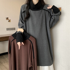 批发实拍2025<b class='q'>秋</b>冬新款欧货加绒高领打底衫设计感撞色宽松长款t恤女潮