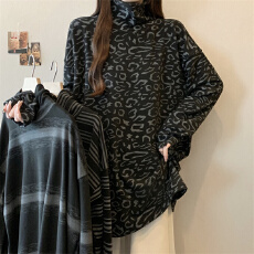 批发实拍加绒加厚豹纹长袖t恤打底衫女秋<b class='q'>冬</b>宽松慵懒大码中长款上衣