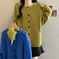 批发实拍秋冬大码女装彩色多巴胺开衫毛衣<b class='q'>胖妹妹</b>百搭克莱因蓝针织外套