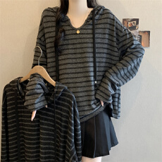 批发实拍大码<b class='q'>冬</b>季港风休闲百搭条纹T恤女加绒连帽气质慵懒遮肉上衣