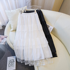 批发实拍蕾丝拼接白色<b class='q'>半身</b>裙女大码夏季新款高腰a字半裙中长款蛋䅵裙