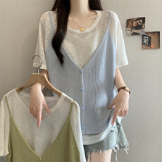 批发实拍夏季<b class='q'>大码</b>女装短袖假两件<b class='q'>针织衫</b>胖MM休闲百搭领拼竹节t恤