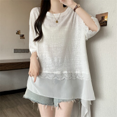批发实拍短袖T恤女夏装<b class='q'>大码</b>设计感蕾丝拼接<b class='q'>打底衫</b>胖mm显瘦不规则上衣
