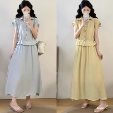 批发实拍大码套装2026新款韩系V领收腰衬衣+大摆遮肉中长款半身裙