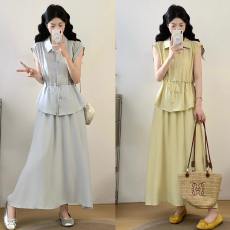 批发实拍大码女装时尚套装2026抽绳设计法式衬衣+半身长裙两件套