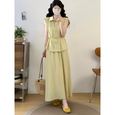 批发实拍大码女装时尚套装2026抽绳设计法式衬衣+半身<b class='q'>长裙</b>两件套