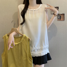 批发实拍大码<b class='q'>女</b>装圆领蕾丝拼接无袖背心宽松显瘦叠穿上衣夏季