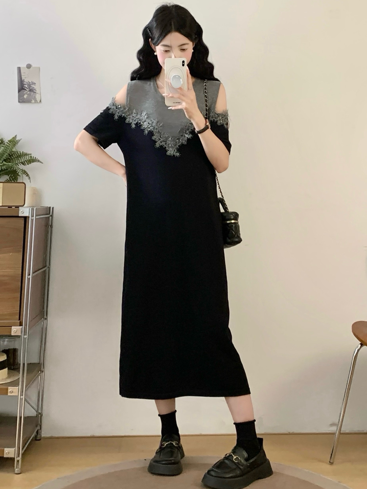 RY3616# 实拍针织连衣裙大码露肩蕾丝拼接长裙