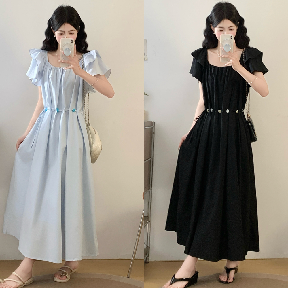 RY3615# 实拍夏季大码女装时尚气质抽绳收腰连衣裙遮肉显瘦长裙