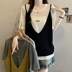 批发胖mm夏装大码女装设计感显瘦针织衫假两件韩版宽松上衣