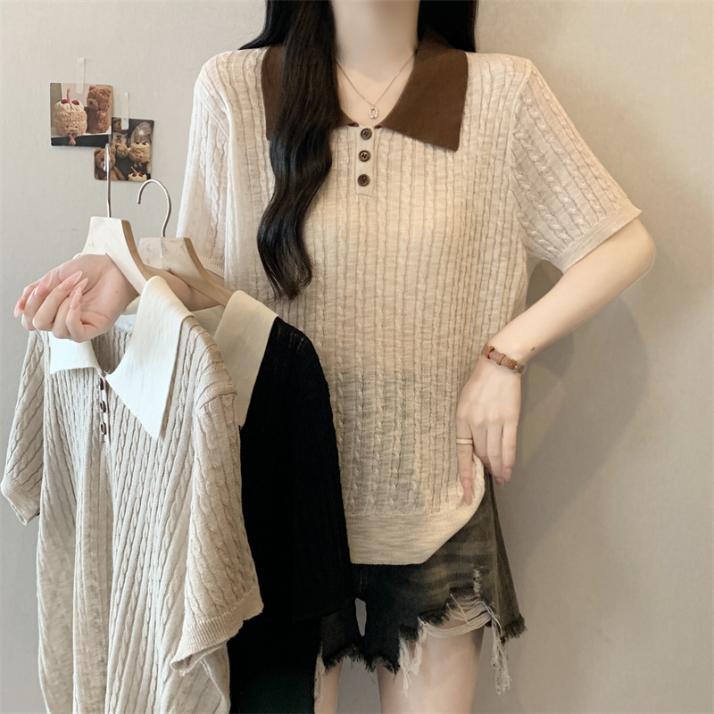 실사 오래된 돈 바람 26 년 여름 새로운 빅 사이즈 니트 품격 배색 POLO 칼라 연령 감소 다용도 얇은 스타일 맨위