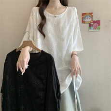 批发实拍大码胖MM<b class='q'>夏</b>季新款设计感假两件蕾丝拼接显瘦遮肉短袖上衣T恤