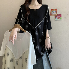 批发实拍2026<b class='q'>夏</b>季新款假两件拼接复古印花宽松大码百搭休闲显瘦上衣