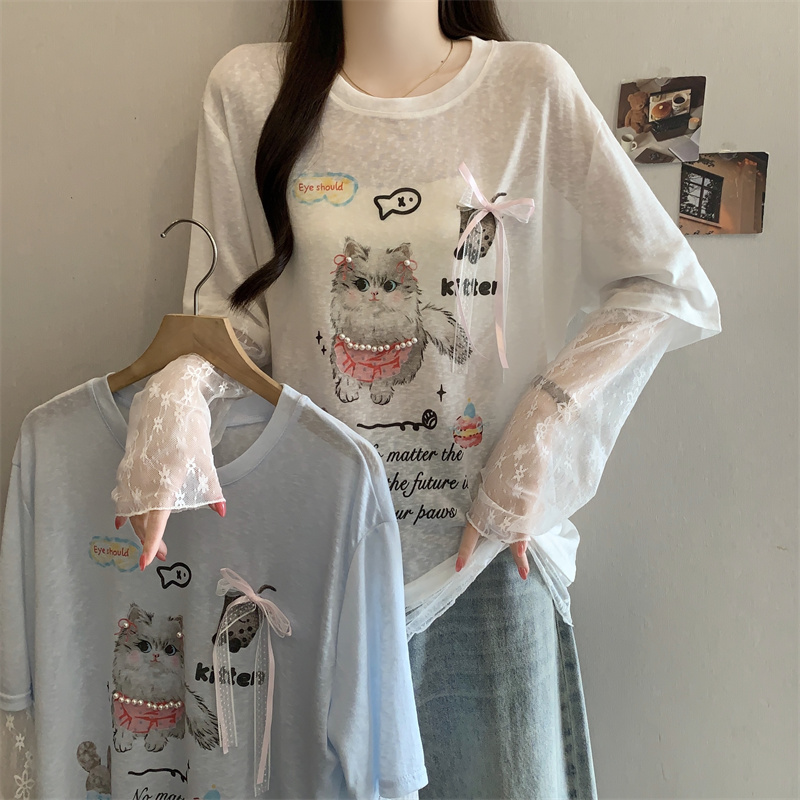 실사 빅 사이즈 고양이 프린트 레이스 조각 자외선 차단 긴팔 티셔츠 여성 여름 외부 가져 가라. 블라우스 다용도 맨위 얇은