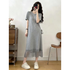 批发大码女装夏季高级感<b class='q'>钉珠</b>宽松显瘦针织<b class='q'>连衣裙</b>胖MM流苏设计感t恤裙
