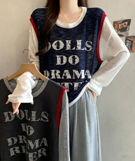 빅 사이즈 지방 mm 가을 2026 새로운 배색 디자인 센스 맨위 페이크 레이어드 라운드 넥 알파벳 긴팔 니트 스웨터