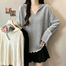 批发大码胖mm<b class='q'>秋</b>季新款慵懒风连帽针织衫毛衣V领宽松显瘦上衣