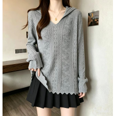 批发大码胖mm<b class='q'>秋</b>季新款慵懒风连帽针织衫毛衣V领宽松显瘦上衣