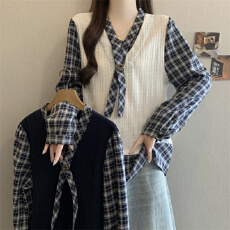 批发实拍~大码胖MM<b class='q'>韩版</b>针织拼接格子假两件<b class='q'>衬衫女</b>2026新款设计感上衣