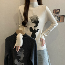 批发实拍<b class='q'>大码</b>女装高领复古玫瑰印花设计感秋冬内搭打底针织衫上衣