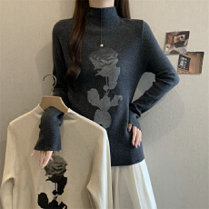 批发实拍<b class='q'>大码</b>女装高领复古玫瑰印花设计感秋冬内搭打底针织衫上衣