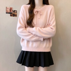批发实拍大码女软糯套头毛衣秋冬甜美系带时尚洋气显瘦外穿针织衫上衣