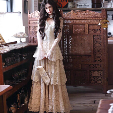 批发AZure法式复古轻<b class='q'>婚纱</b>三层塔<b class='q'>蕾丝</b>蛋糕裙重工荷叶V领长裙气质大裙摆