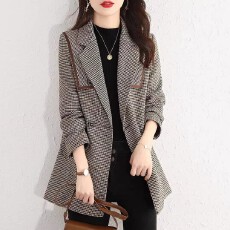 批发毛呢<b class='q'>格子</b>西装外套女春秋2025年新款韩版宽松英伦风设计感小众上衣