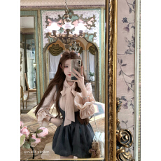 批发迟伞伞25/fw 恋恋日记 中古粉v领系带衬衫暗纹蝴蝶结背带花苞短裤