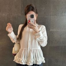 批发白色<b class='q'>衬衣</b>花边春季<b class='q'>衬衫</b>下摆2025新款设计长袖上衣娃娃领花边<b class='q'>衬衫</b>